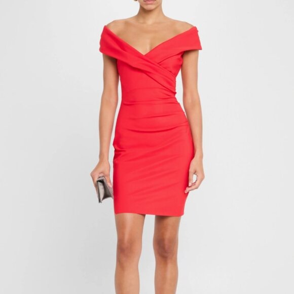 Chiara Boni Grenoble Aragosta Light Red Off-Shoulder Cocktail Dress Size 14 NWT - Picture 16 of 16